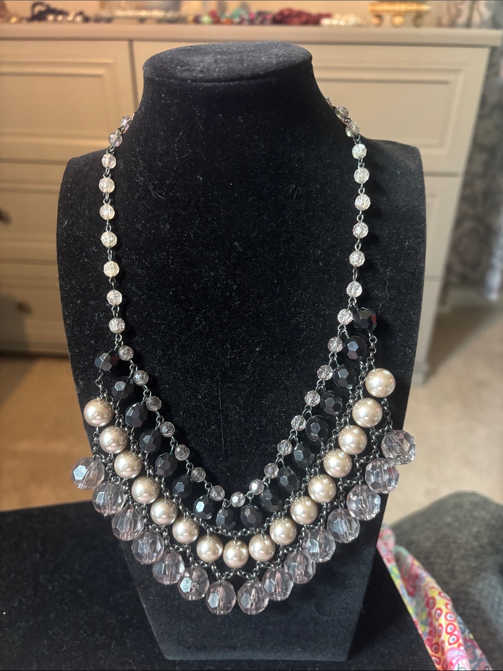 Vintage Layered Pearl and Crystal Statement Necklace in White and Black
